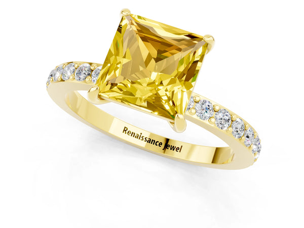 Yellow gold Princess Cut Yellow Sapphire Solitaire Engagement Ring with Pavé Band and Four-Prong Setting
