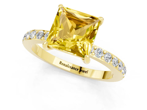 Yellow gold Princess Cut Yellow Sapphire Solitaire Engagement Ring with Pavé Band and Four-Prong Setting_25