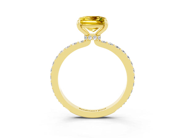 Yellow gold Princess Cut Yellow Sapphire Solitaire Engagement Ring with Pavé Band and Four-Prong Setting