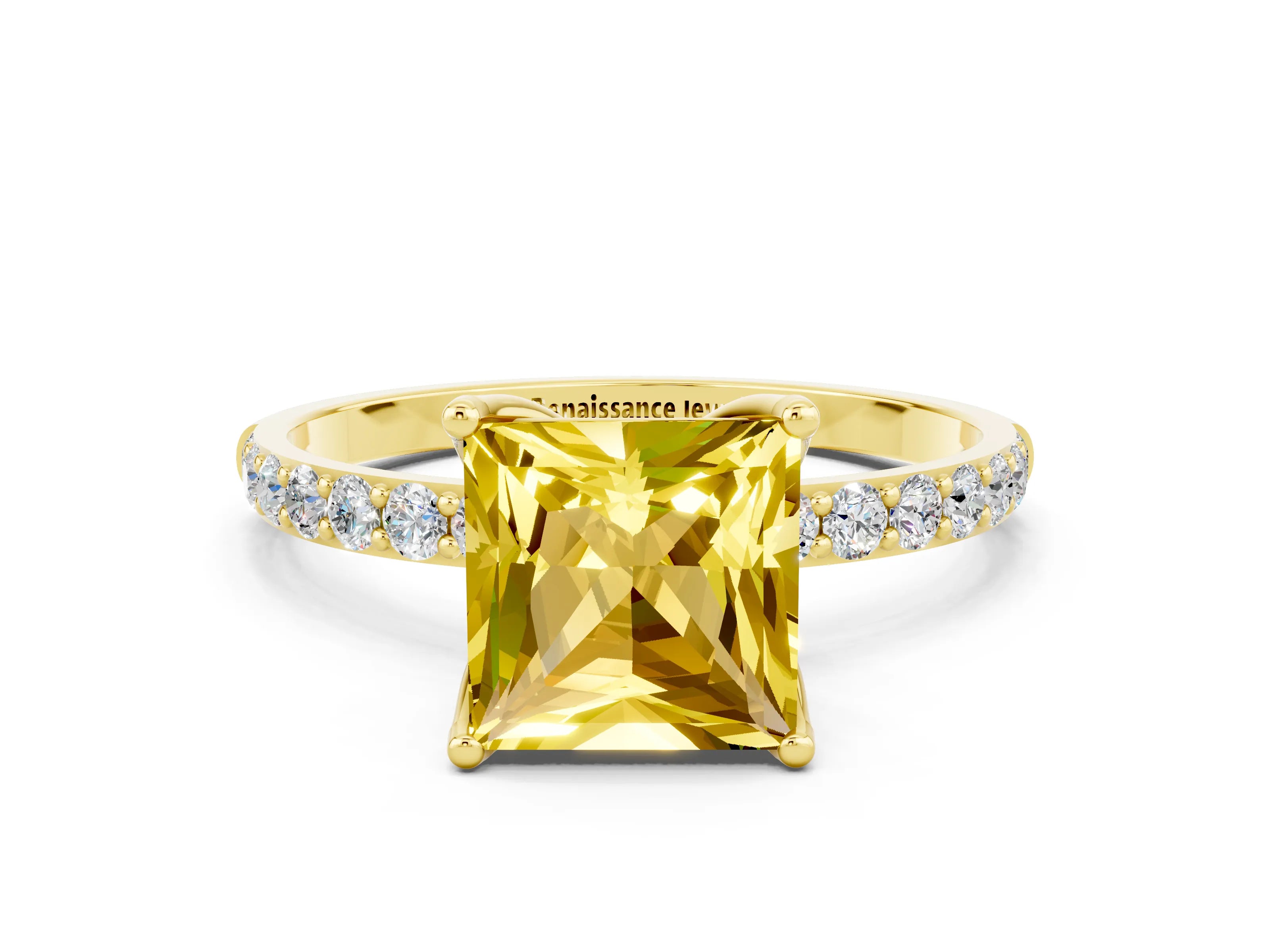 Yellow gold Princess Cut Yellow Sapphire Solitaire Engagement Ring with Pavé Band and Prong Setting