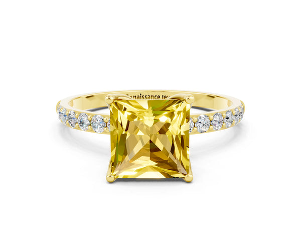 Yellow gold Princess Cut Yellow Sapphire Solitaire Engagement Ring with Round  Pavé Band and Prong Setting