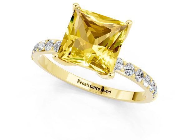 Yellow gold Princess Cut Yellow Sapphire Solitaire Engagement Ring with Round  Pavé Band and Prong Setting