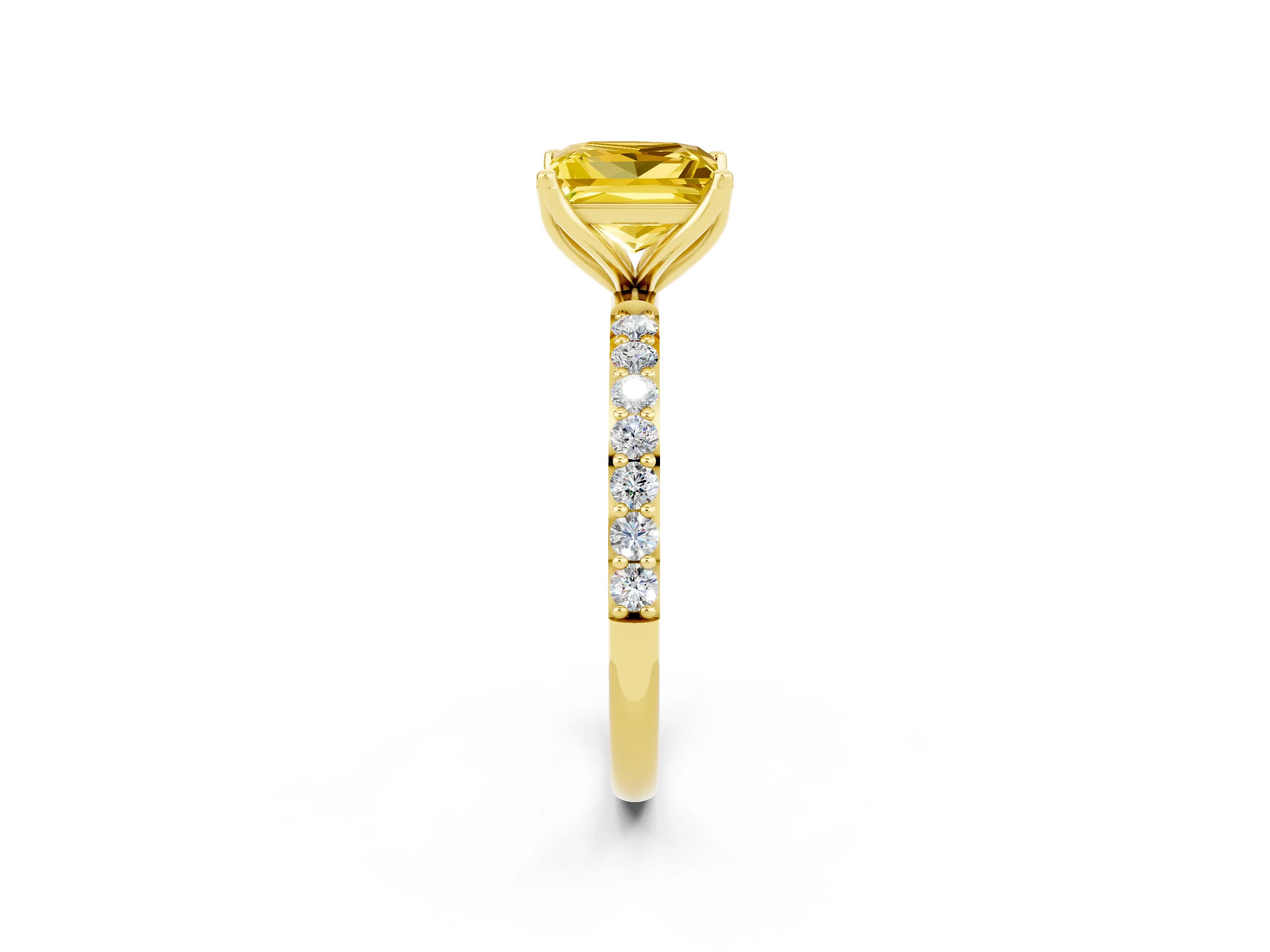 Yellow gold Princess Cut Yellow Sapphire Solitaire Engagement Ring with Pavé Band and Prong Setting_2