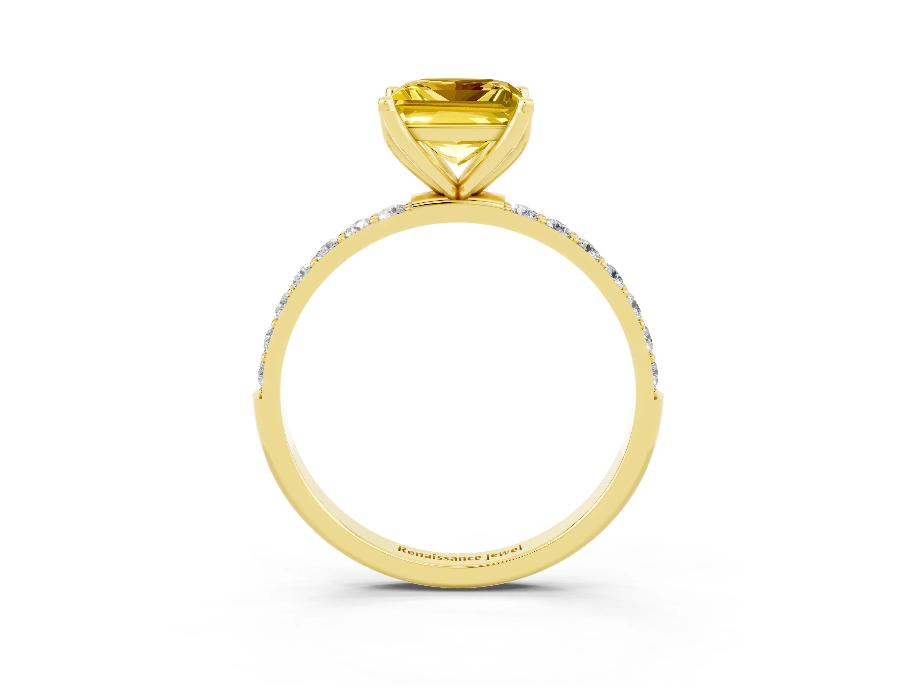 Yellow gold Princess Cut Yellow Sapphire Solitaire Engagement Ring with Pavé Band and Prong Setting_3