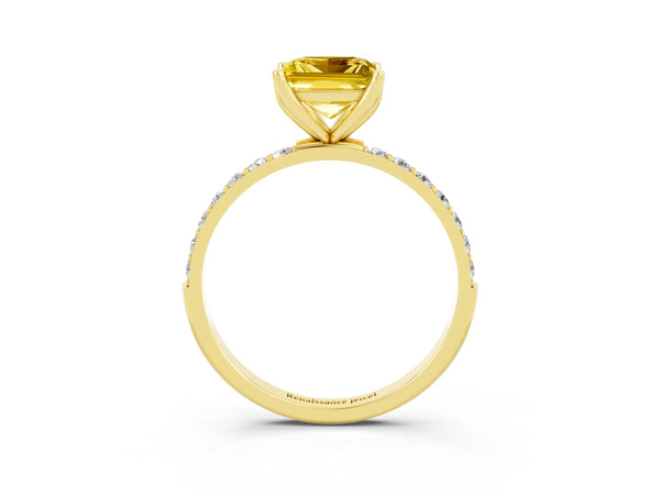 Yellow gold Princess Cut Yellow Sapphire Solitaire Engagement Ring with Round  Pavé Band and Prong Setting