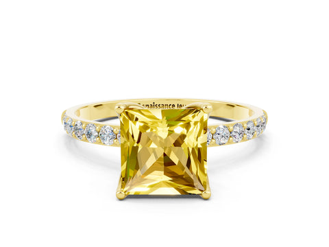 Yellow gold Princess Cut Yellow Sapphire Solitaire Engagement Ring with Pavé Band and Prong Setting