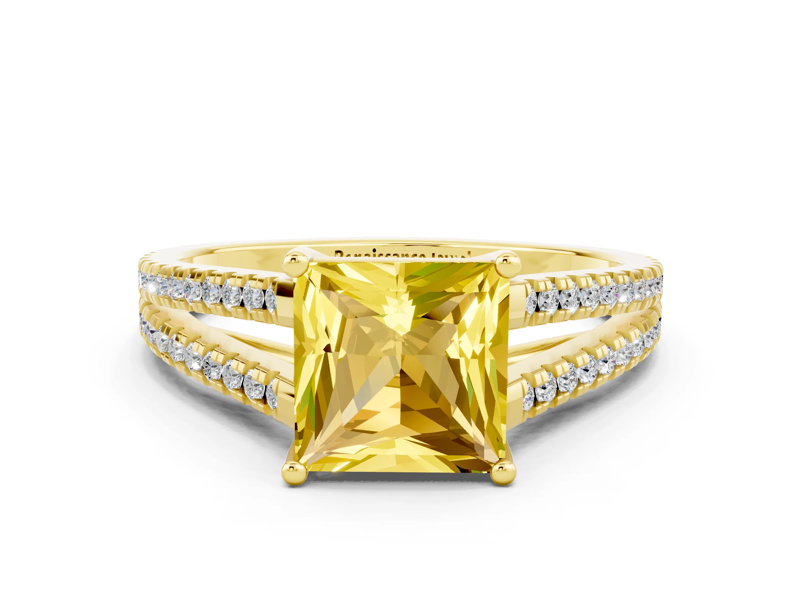Yellow gold Princess Cut Yellow Sapphire Solitaire Engagement Ring with Split Shank Pavé Band_12