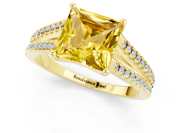 Yellow gold Princess Cut Yellow Sapphire Solitaire Engagement Ring with Split Shank Pavé Band