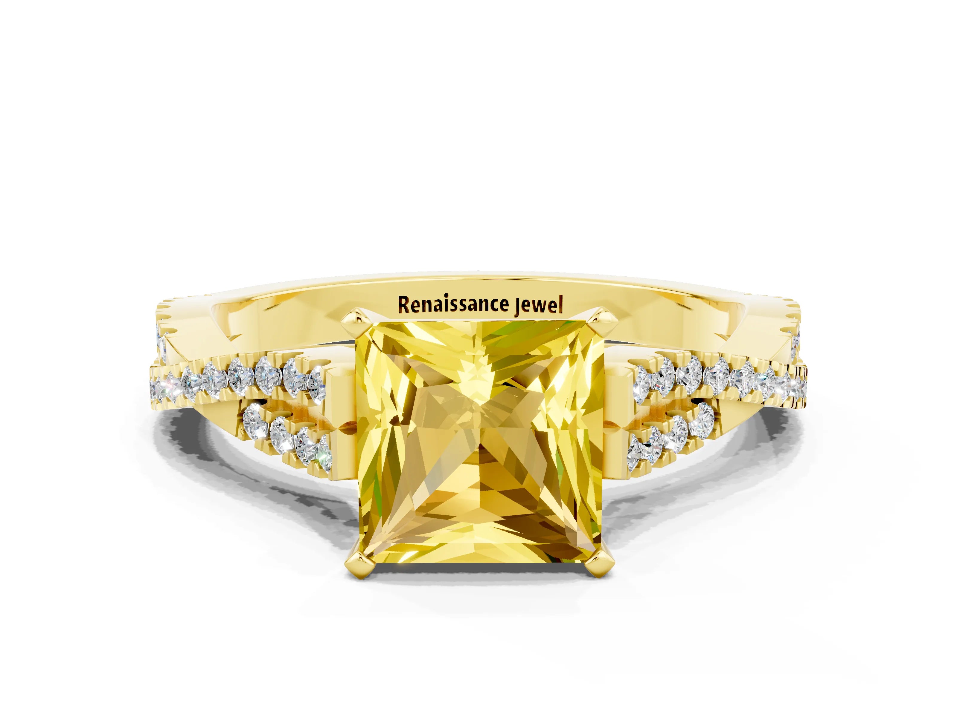 Yellow gold Princess Cut Yellow Sapphire Solitaire Engagement Ring with Twisted Pavé Band and Four-Prong Setting_24