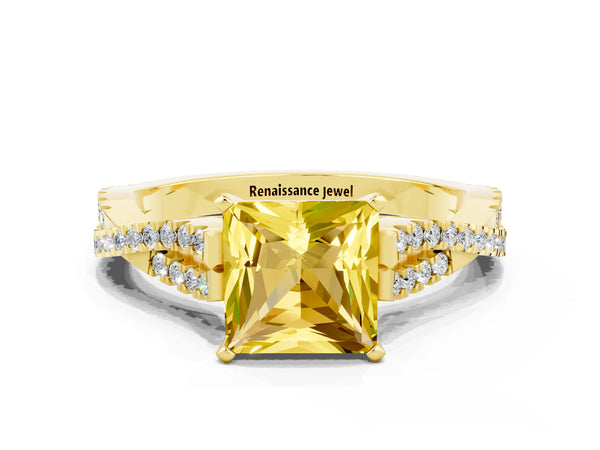 Yellow gold Princess Cut Yellow Sapphire Solitaire Engagement Ring with Twisted Pavé Band and Four-Prong Setting
