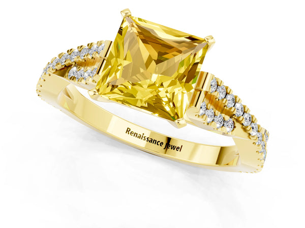 Yellow gold Princess Cut Yellow Sapphire Solitaire Engagement Ring with Twisted Pavé Band and Four-Prong Setting