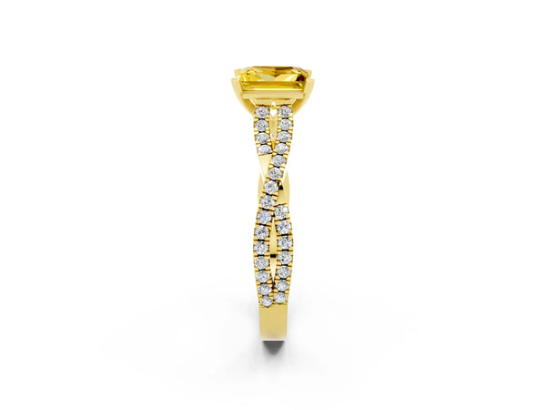 Yellow gold Princess Cut Yellow Sapphire Solitaire Engagement Ring with Twisted Pavé Band and Four-Prong Setting
