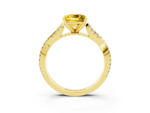 Yellow gold Princess Cut Yellow Sapphire Solitaire Engagement Ring with Twisted Pavé Band and Four-Prong Setting