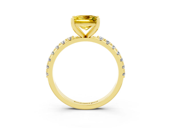 Yellow gold Princess Cut Yellow Sapphire Solitaire Pavé Band with Four-Prong Setting