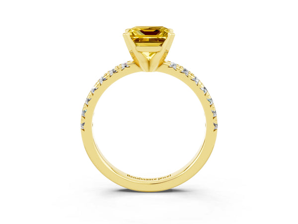 Yellow gold Princess Cut Yellow Sapphire Solitaire Pavé Engagement Ring with Round Band and Prong Setting