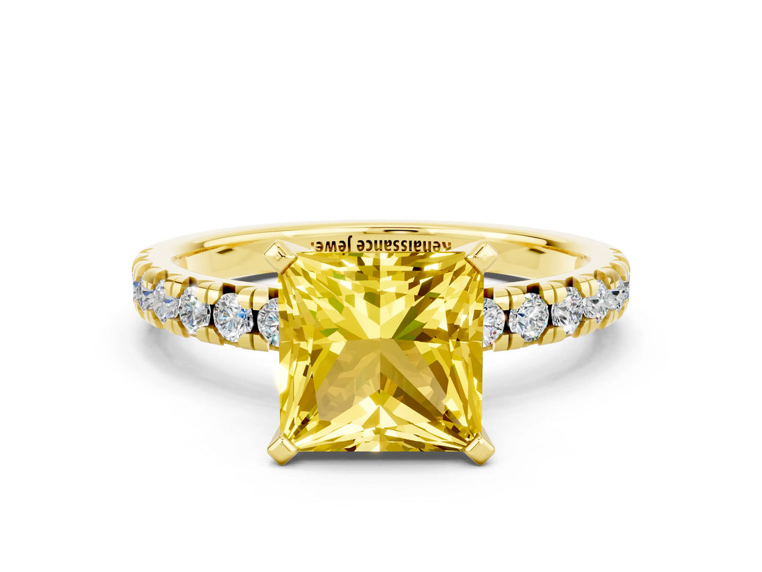 Yellow gold Princess Cut Yellow Sapphire Solitaire Pavé Engagement Ring with Round Band and Prong Setting_66