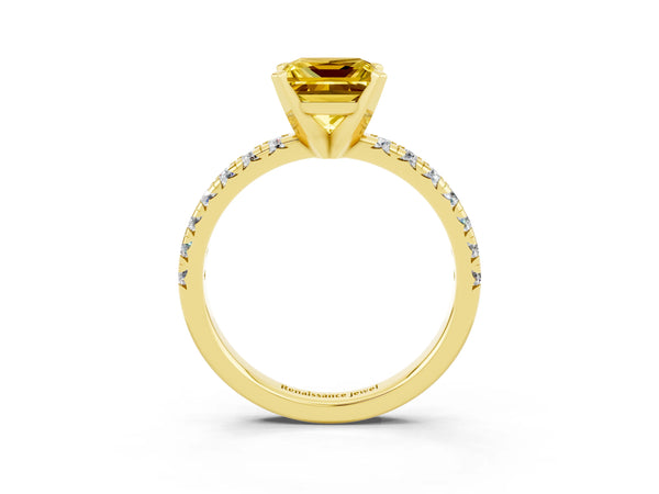 Yellow gold Princess Cut Yellow Sapphire Solitaire Pavé Engagement Ring with Round Band and Prong Setting