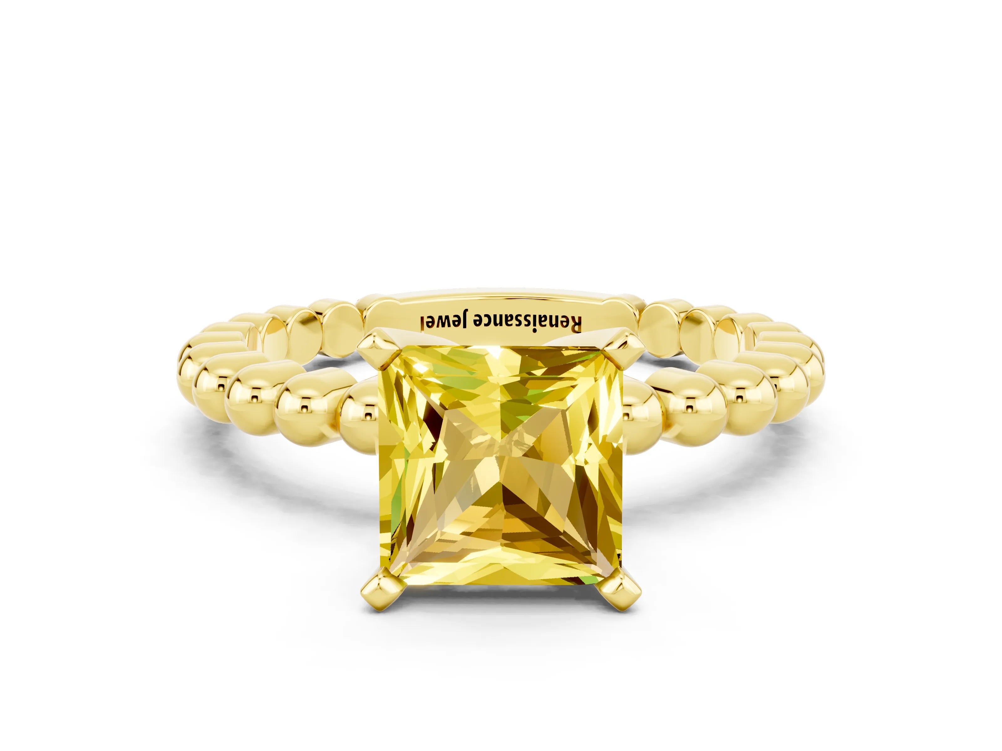 Yellow gold Princess Cut Yellow Sapphire Solitaire Ring with Beaded Band and Prong Setting