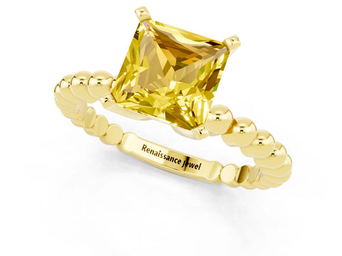 Yellow gold Princess Cut Yellow Sapphire Solitaire Ring with Beaded Band and Prong Setting_1