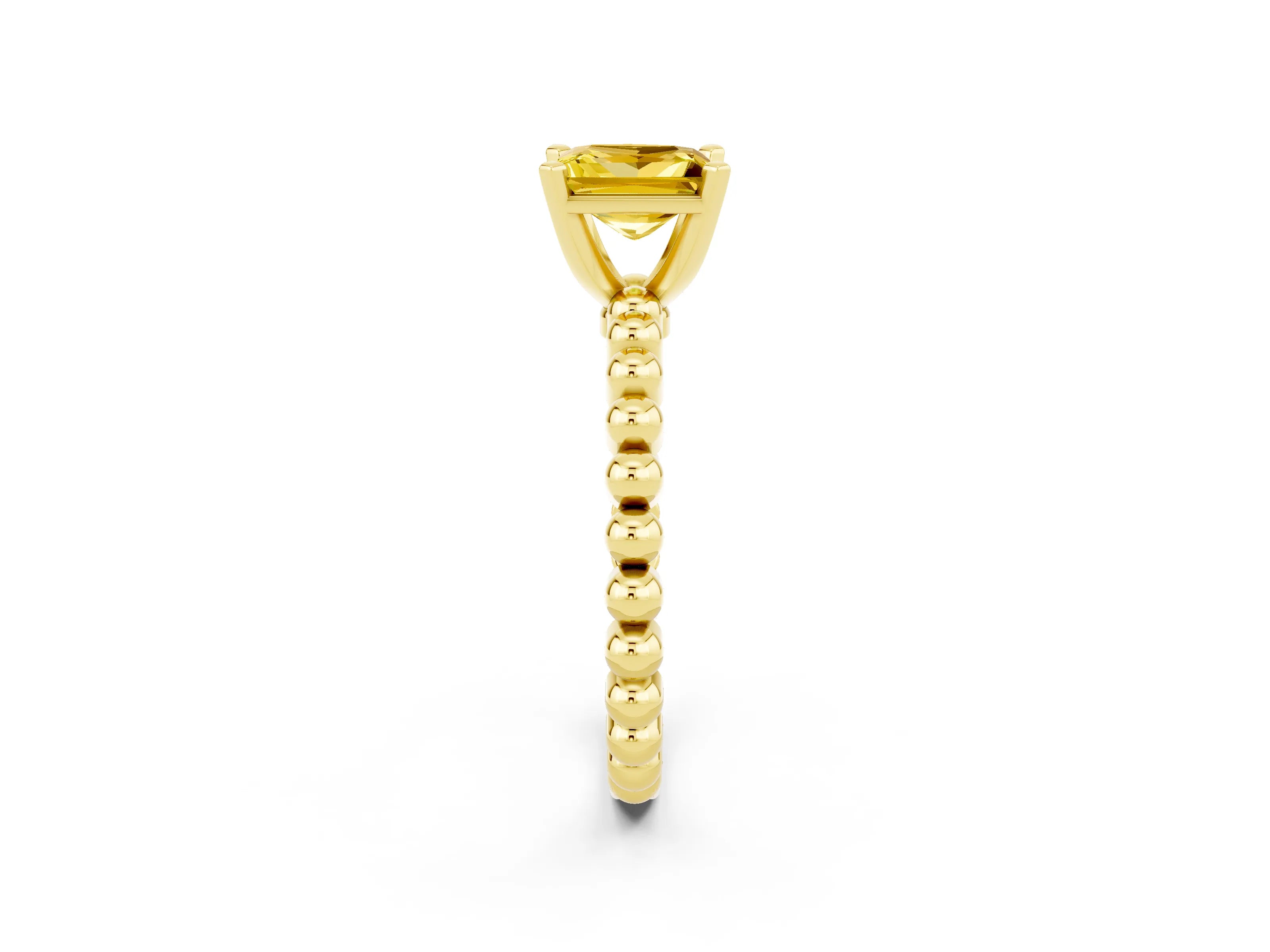 Yellow gold Princess Cut Yellow Sapphire Solitaire Ring with Beaded Band and Prong Setting_2