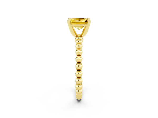 Yellow gold Princess Cut Yellow Sapphire Solitaire Ring with Beaded Band and Prong Setting