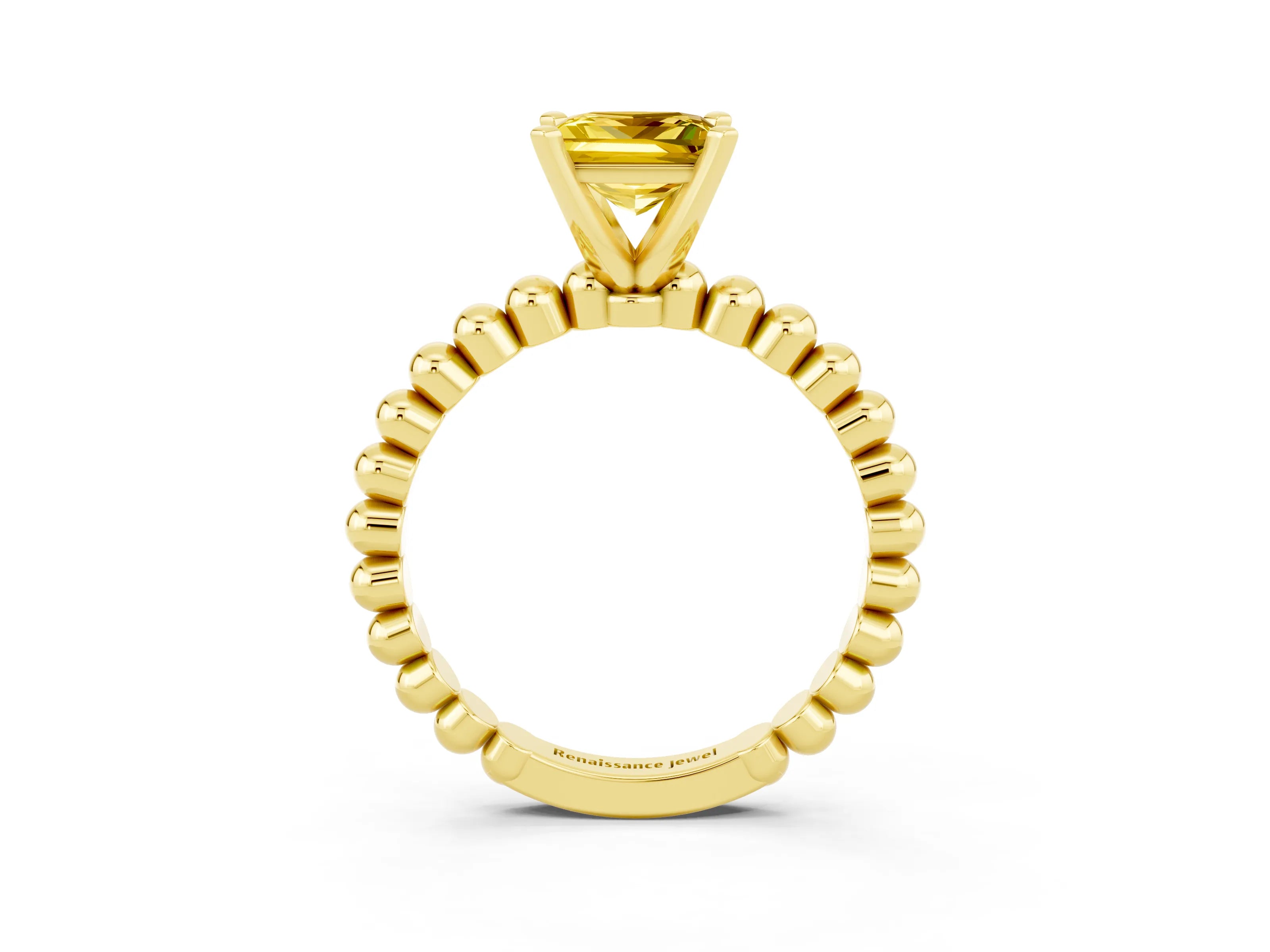 Yellow gold Princess Cut Yellow Sapphire Solitaire Ring with Beaded Band and Prong Setting_3