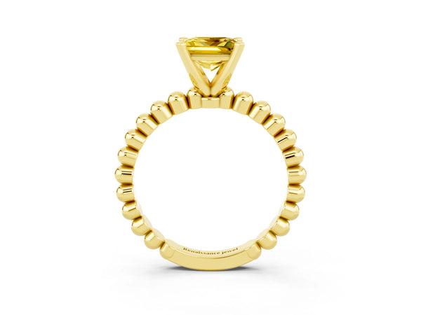 Yellow gold Princess Cut Yellow Sapphire Solitaire Ring with Beaded Band and Prong Setting