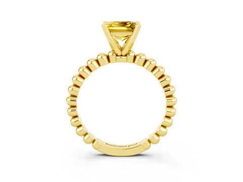 Yellow gold Princess Cut Yellow Sapphire Solitaire Ring with Beaded Band and Prong Setting_3