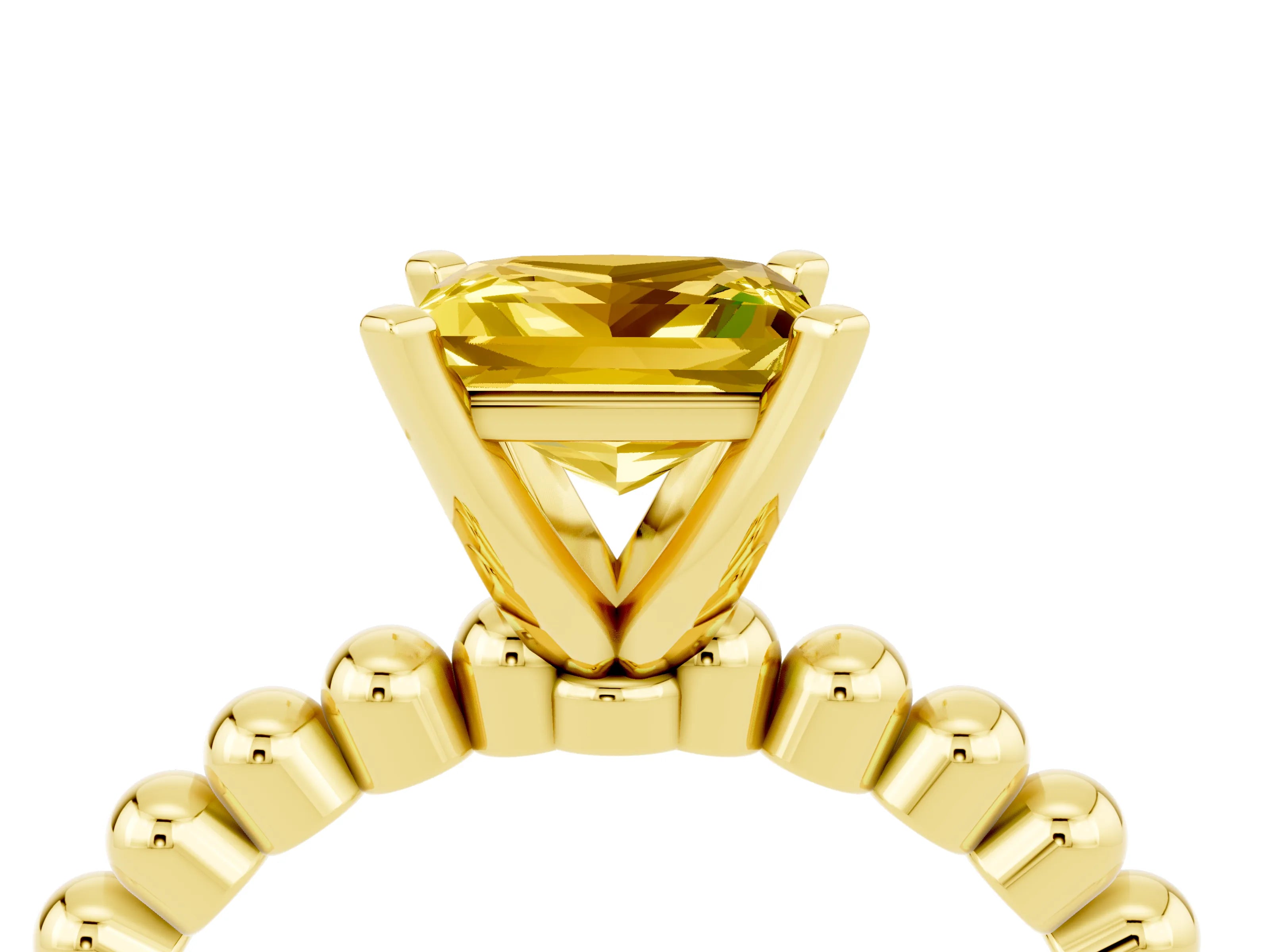Yellow gold Princess Cut Yellow Sapphire Solitaire Ring with Beaded Band and Prong Setting_4