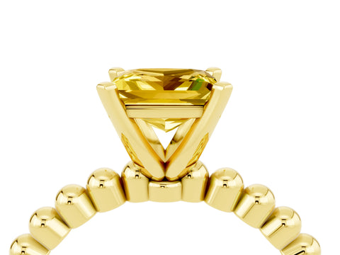 Yellow gold Princess Cut Yellow Sapphire Solitaire Ring with Beaded Band and Prong Setting_4