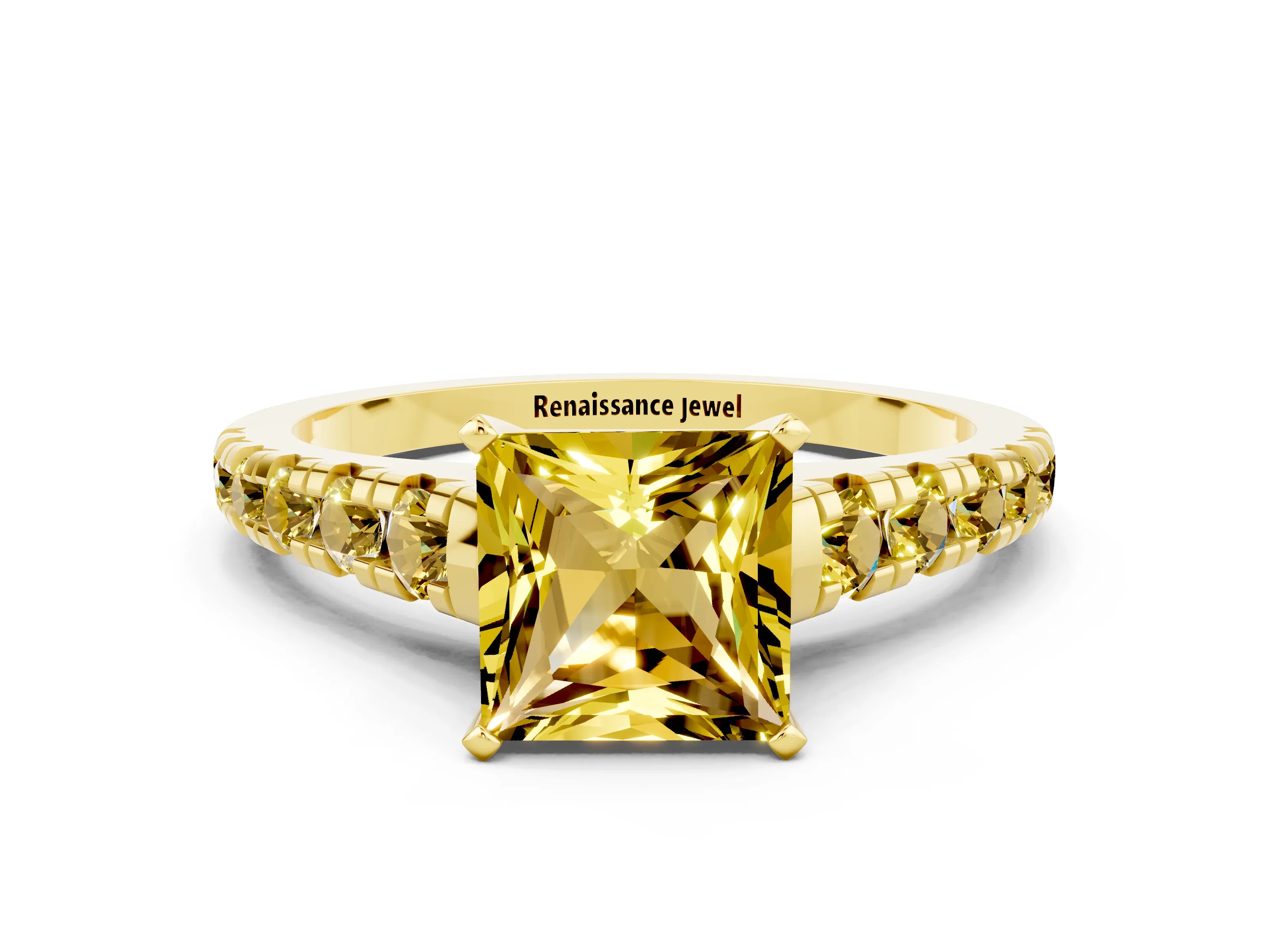 Yellow gold Princess Cut Yellow Sapphire Solitaire Ring with Cathedral Setting and Pavé Band