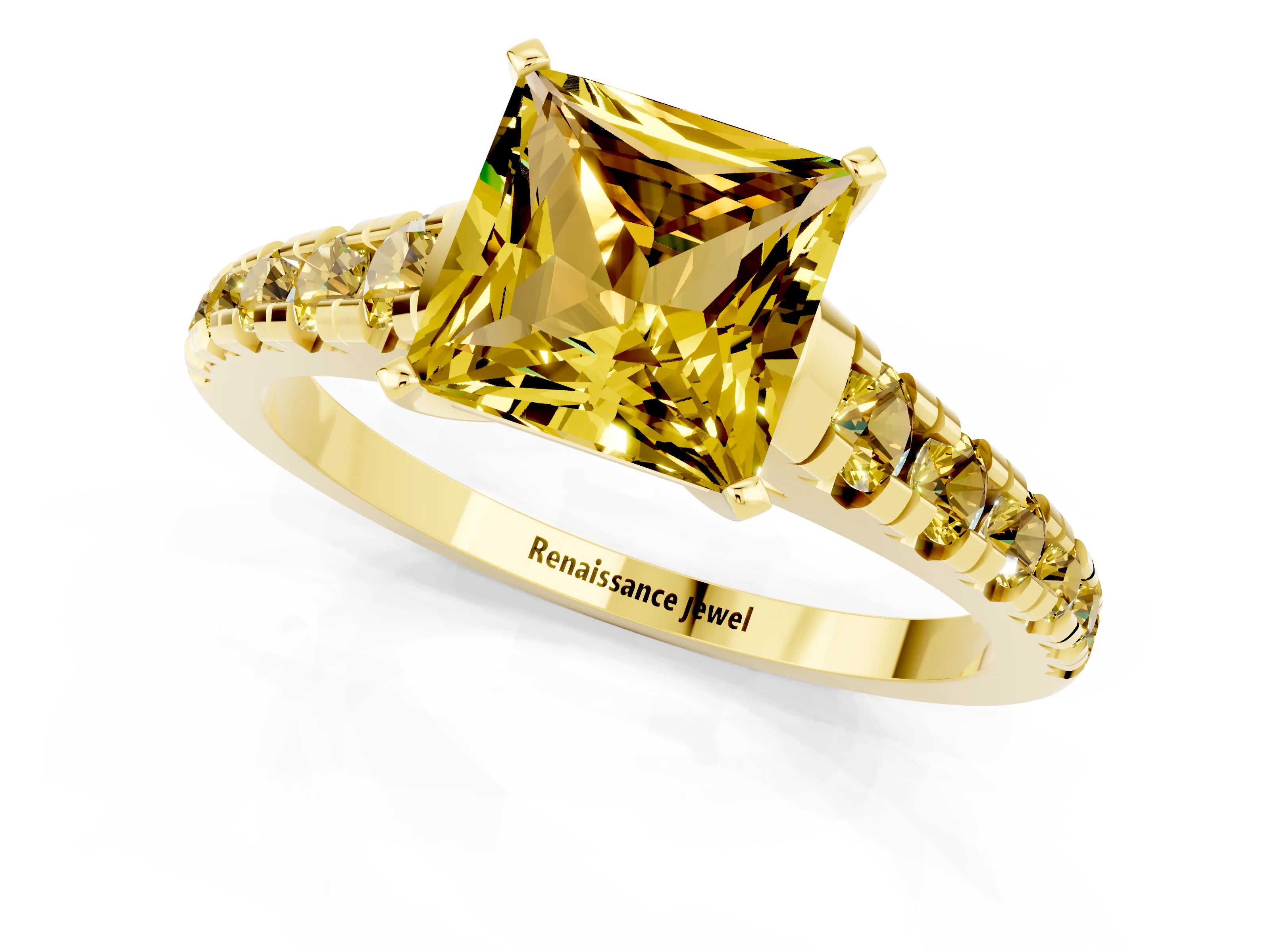 Yellow gold Princess Cut Yellow Sapphire Solitaire Ring with Cathedral Setting and Pavé Band_1