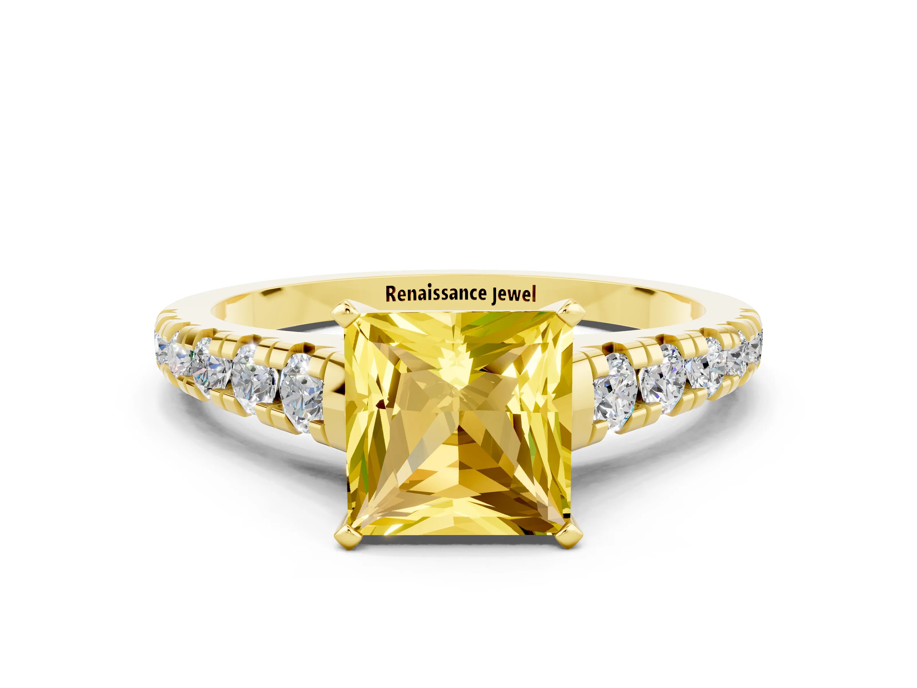 Yellow gold Princess Cut Yellow Sapphire Solitaire Ring with Cathedral Setting and Pavé Band_24