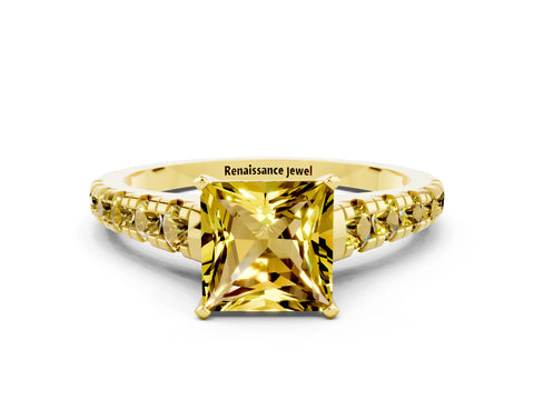 Yellow gold Princess Cut Yellow Sapphire Solitaire Ring with Cathedral Setting and Pavé Band
