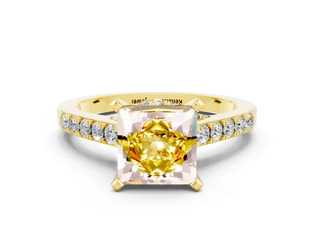 Yellow gold Princess Cut Yellow Sapphire Solitaire Ring with Crossover Gallery and Round  Pavé Band_13