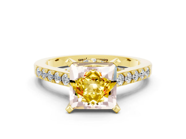 Yellow gold Princess Cut Yellow Sapphire Solitaire Ring with Crossover Gallery and Round  Pavé Band