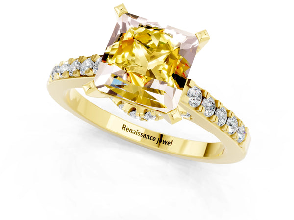 Yellow gold Princess Cut Yellow Sapphire Solitaire Ring with Crossover Gallery and Round  Pavé Band