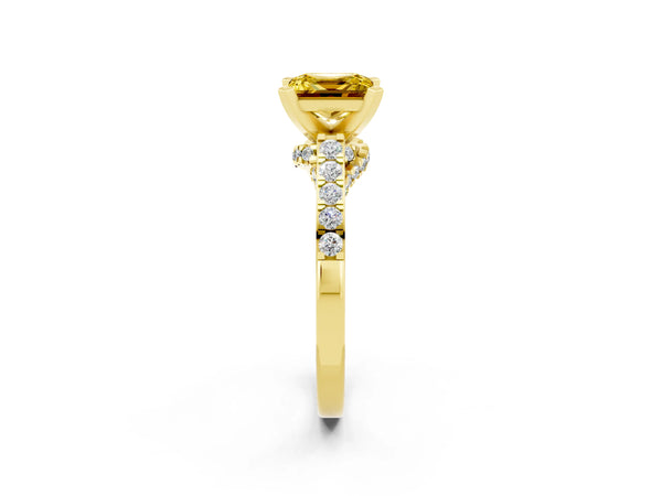 Yellow gold Princess Cut Yellow Sapphire Solitaire Ring with Crossover Gallery and Round  Pavé Band