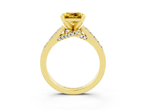 Yellow gold Princess Cut Yellow Sapphire Solitaire Ring with Crossover Gallery and Round  Pavé Band