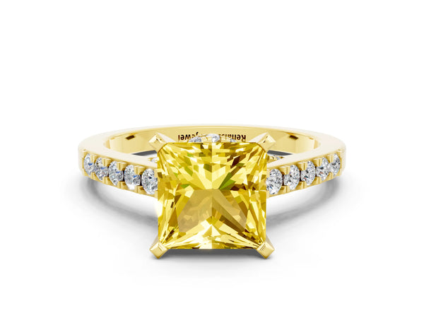 Yellow gold Princess Cut Yellow Sapphire Solitaire Ring with Crossover Gallery and Round  Pavé Band