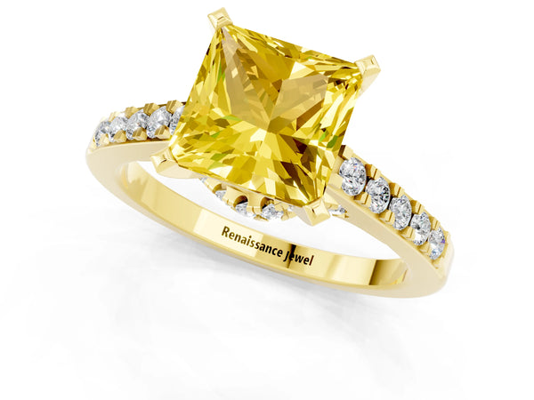 Yellow gold Princess Cut Yellow Sapphire Solitaire Ring with Crossover Gallery and Round  Pavé Band