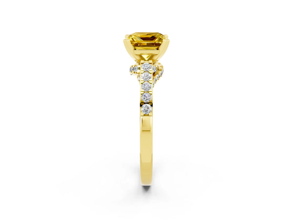 Yellow gold Princess Cut Yellow Sapphire Solitaire Ring with Crossover Gallery and Round  Pavé Band