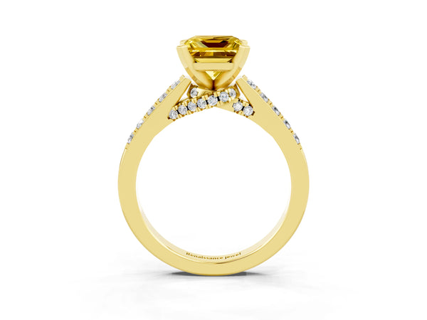 Yellow gold Princess Cut Yellow Sapphire Solitaire Ring with Crossover Gallery and Round  Pavé Band