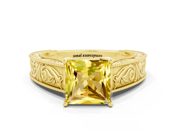 Yellow gold Princess Cut Yellow Sapphire Solitaire Ring with Engraved Band and Four-Prong Setting