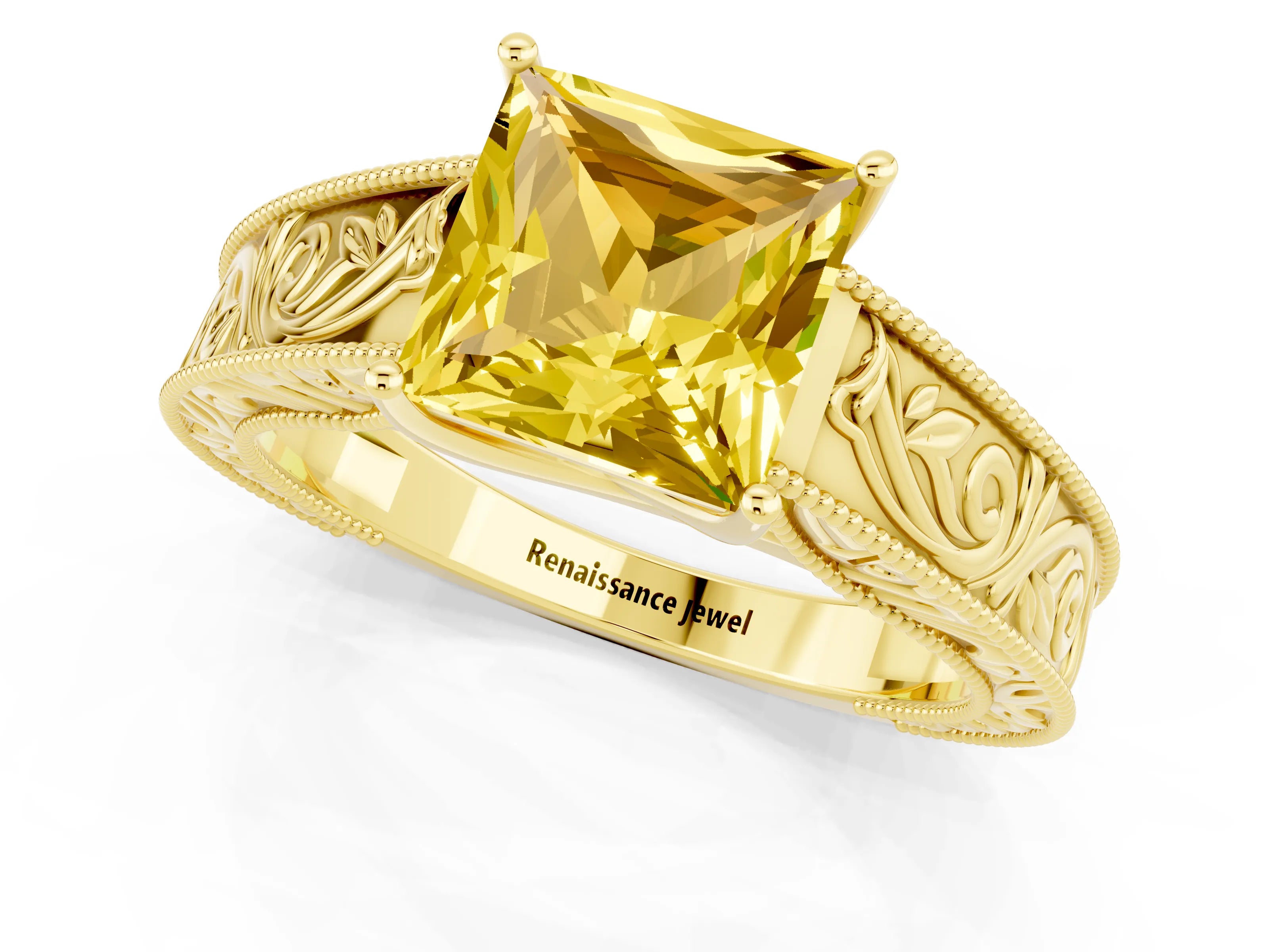 Yellow gold Princess Cut Yellow Sapphire Solitaire Ring with Engraved Band and Four-Prong Setting_1