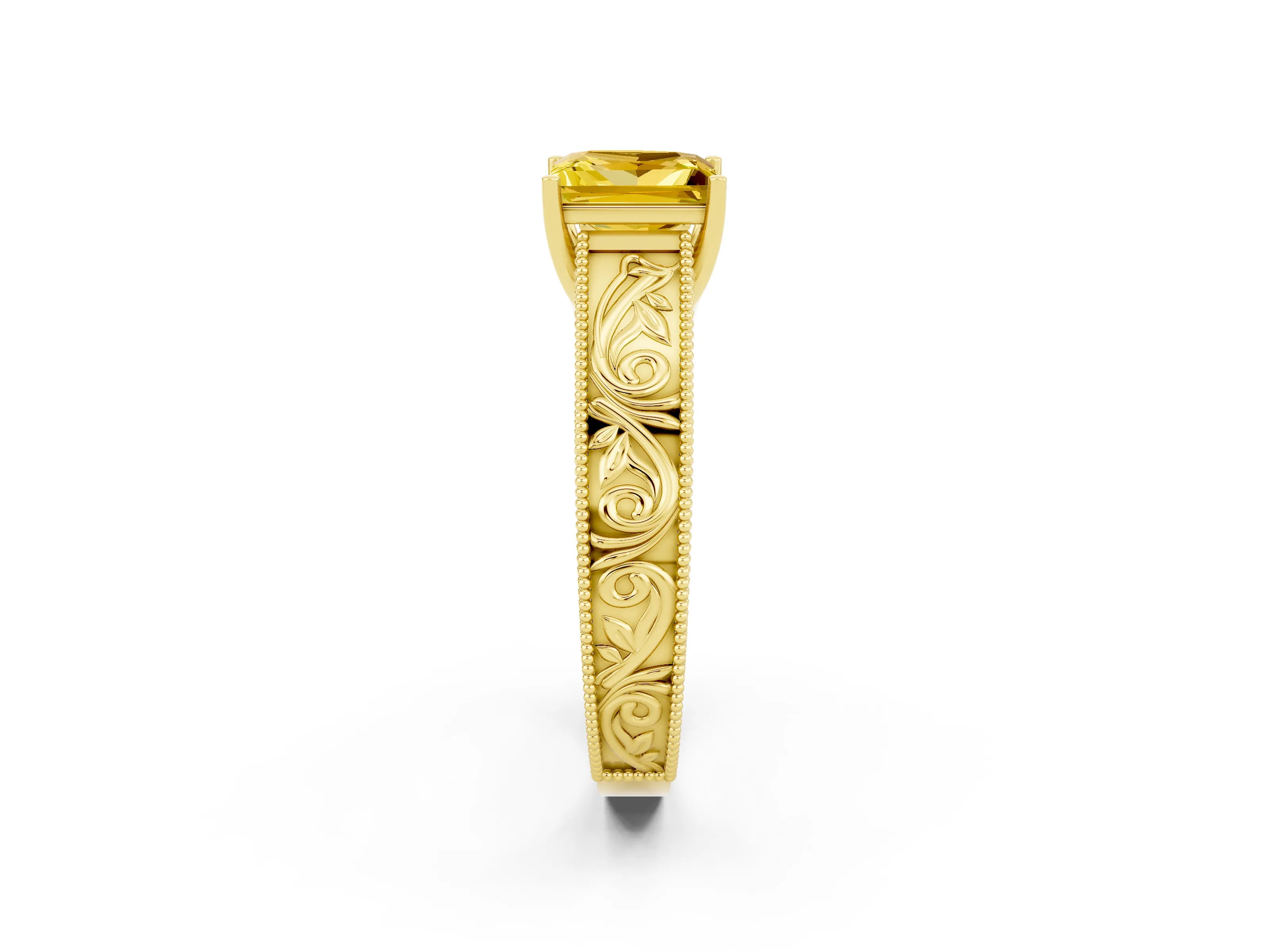 Yellow gold Princess Cut Yellow Sapphire Solitaire Ring with Engraved Band and Four-Prong Setting_2
