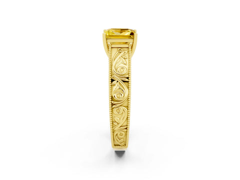 Yellow gold Princess Cut Yellow Sapphire Solitaire Ring with Engraved Band and Four-Prong Setting_2