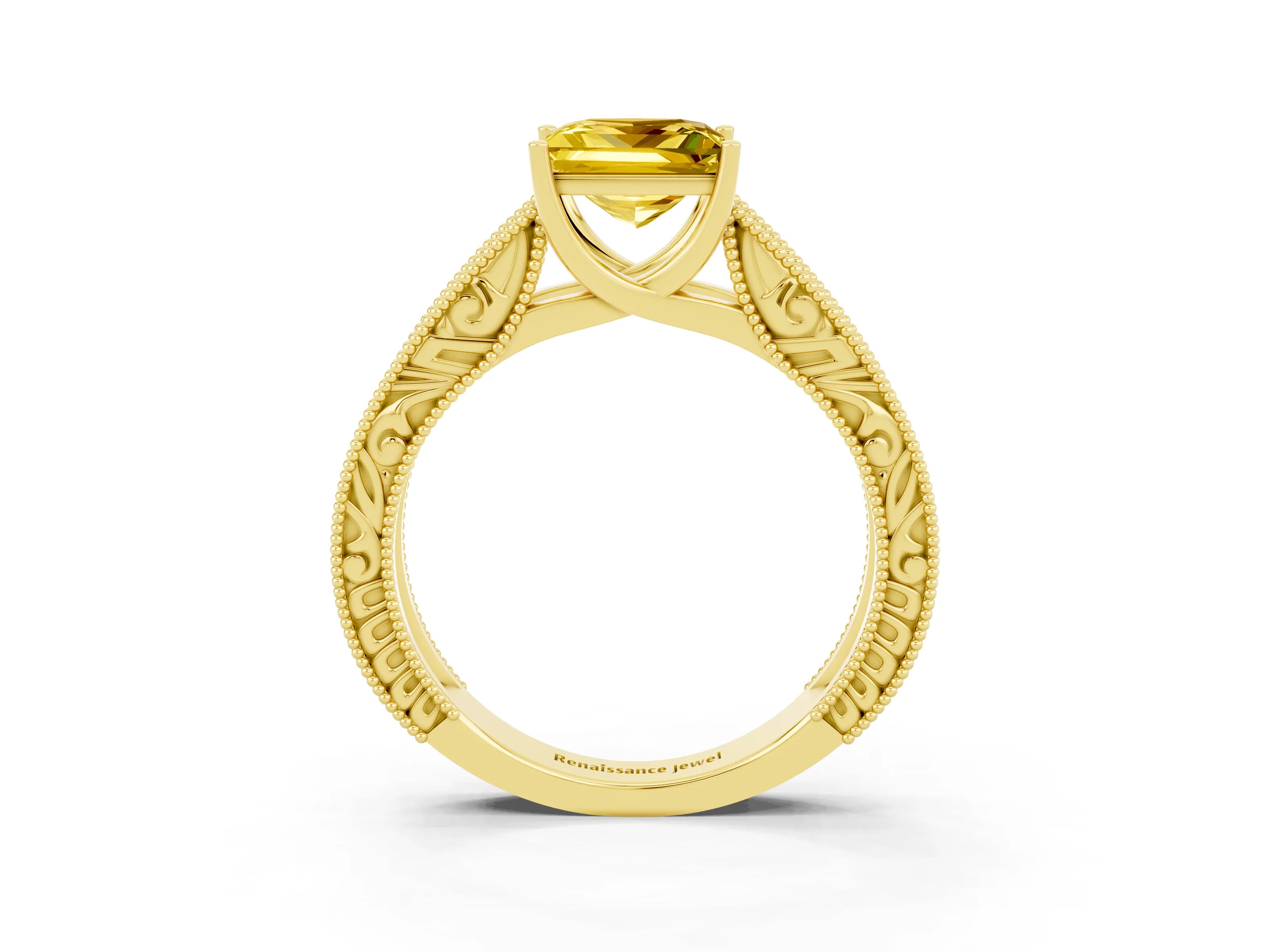 Yellow gold Princess Cut Yellow Sapphire Solitaire Ring with Engraved Band and Four-Prong Setting_3