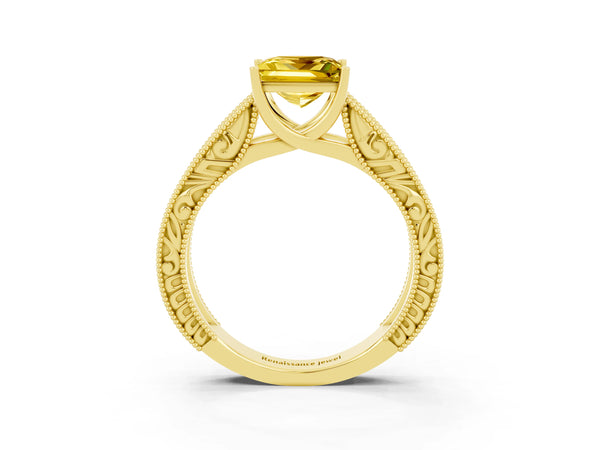 Yellow gold Princess Cut Yellow Sapphire Solitaire Ring with Engraved Band and Four-Prong Setting