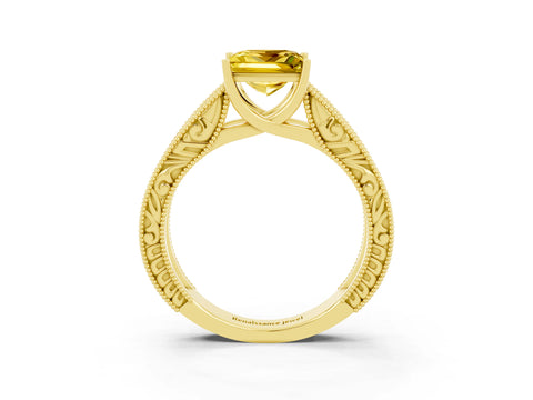 Yellow gold Princess Cut Yellow Sapphire Solitaire Ring with Engraved Band and Four-Prong Setting_3